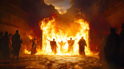 Sticker - The Fiery Furnace With Shadrach, Meshach, and Abednego Amidst Flames