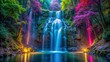 © boxs - Symmetrical neon waterfall in deep forest with ethereal colors