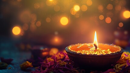 A lit diya with a warm glow, surrounded by colorful flower petals and bokeh lights, creating a beautiful and festive atmosphere.