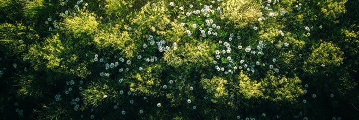 Lush meadow of vibrant green grass adorned with colorful wildflowers under bright sunlight, viewed from above