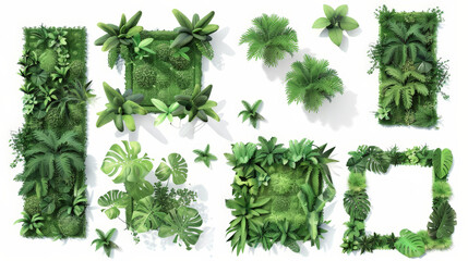 set of green garden walls with tropical plants