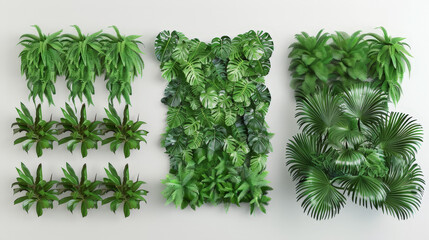 set of green garden walls with tropical plants