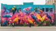 © paisorn - Urban Wildlife Mural with Interactive Animals, a colorful street art scene blending nature and city life, showcasing vibrant wildlife against urban backdrop