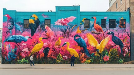 urban wildlife mural with interactive animals, a colorful street art scene blending nature and city 