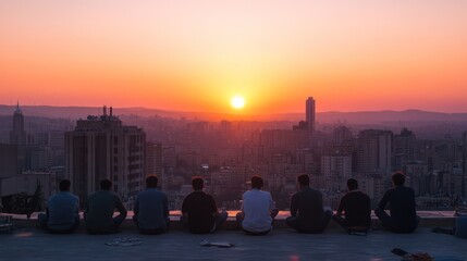 A multicultural group from Turkey, Jordan, and Oman enjoying the sunrise from a rooftop in a modern city, showcasing the magic of early mornings in urban environments