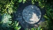 © Mr image - 1. A top-view flatlay of a round stage podium surrounded by lush greenery, with a large tree casting shadows and creating a sunshade effect, providing ample copy space for advertising and product