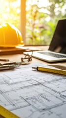 Poster - Engineers Working on Blueprints with Tools and Laptop