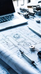 Poster - Engineers Working with Blueprints and Tools