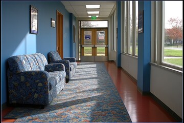 Poster - Empty Hallway with Two Armchairs and a View Through a Window
