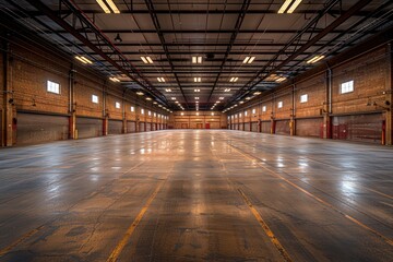 Poster - Empty Brick Warehouse Interior with Garage Doors and Overhead Lighting