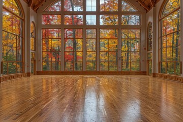 Poster - Empty Room with Large Windows Showcasing Autumn Foliage
