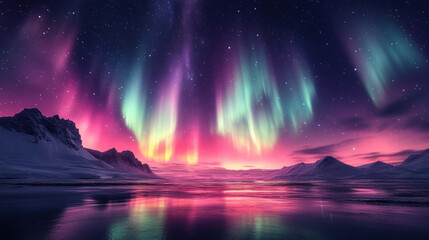 vibrant northern lights display over arctic mountains and calm waters, colorful aurora borealis, nig