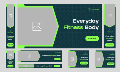 Wall Mural - Creative fitness web bundle banner design for social media post, body fitness web standard banner design, daily wellness training web banner design, fully editable vector eps 10 file format