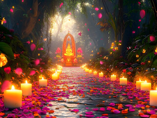 banner background of Navratri Day , [An enchanting forest path lined with flower petals and candles leading to a beautifully decorated shrine of Goddess Durga,