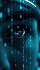 Poster - close up futuristic human eye with digital data overlay blue tones technology cyber security ai being concept vertical format