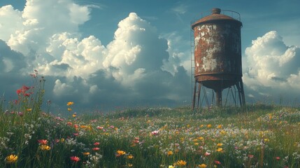 Rustic water tower stands sentinel over vibrant wildflower meadow, tall grass sways gently in the breeze, evoking serene countryside charm