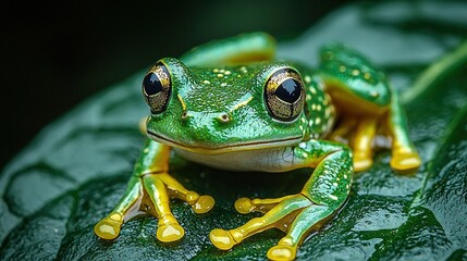 Wall Mural -   A macro shot of a frog perched on a leaf, adorned with water droplets on its back legs and glistening eyes