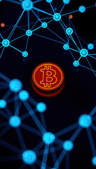 Poster - glowing bitcoin symbol surrounded by abstract blue network connections on dark background cryptocurrency blockchain technology vertical format