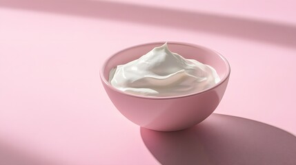 2. An isolated pastel backdrop featuring a bowl of sour cream, elegantly styled with a light shadow, providing generous space around it for advertising or branding