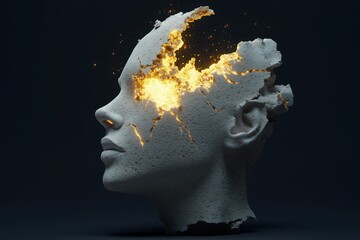 Poster - A striking sculpture of a human head with a dramatic golden explosion effect in the center, set against a dark background.