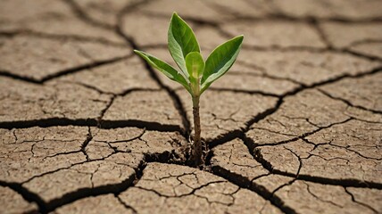 A resilient green seedling breaking through dry, cracked earth in a sunlit landscape showcasing nature's perseverance