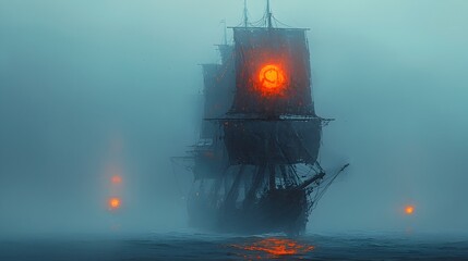 Aufkleber - A ghostly ship sailing through an ethereal fog its sails glowing with a mysterious otherworldly light creating a haunting and fantastical seascape with an air of mystery and the supernatural
