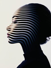 Wall Mural - Artistic portrait of a woman's profile with dynamic light patterns creating a modern, abstract effect on her face, emphasizing elegance and mystery.