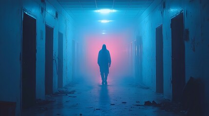 Poster - A transparent ghostly figure silently walking through an old abandoned hallway with flickering lights creating an eerie and mysterious atmosphere