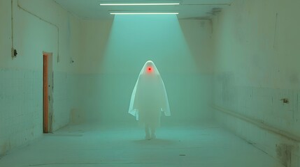 Aufkleber - A transparent ghostly humanoid figure walks through an old abandoned hallway with flickering dim lights creating an eerie supernatural atmosphere