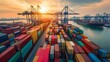 © Mr image - 5. A dynamic view of rows of cargo containers on a docked container ship, with cranes in action and the busy atmosphere of an industrial port in the background, emphasizing global trade