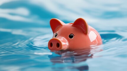 Piggy bank drowning in water, symbolizing financial crisis, debt, or savings risk with a blue water background