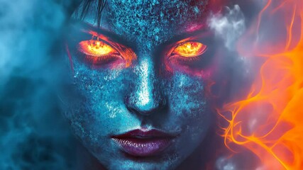Wall Mural - A close-up of a woman's face with glowing orange eyes and skin covered in a blue, textured pattern