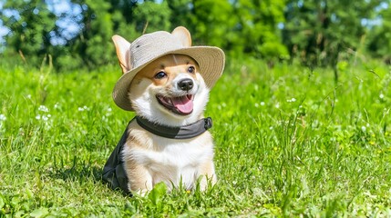 Closeup portrait of a cute and happy puppy wearing a little sun hat against a simple white background  The puppy has a cheerful playful expression and the sun hat adds a stylish