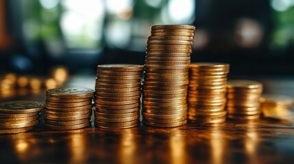 Stacks of gold coins on a wooden table, representing wealth, savings, and financial growth with a blurred background