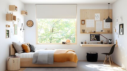 Poster - Cozy Scandinavian style teen bedroom featuring light wood furniture neutral color palette and large windows that let in ample natural light creating a serene and inviting atmosphere