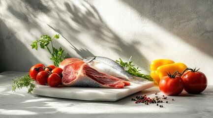 Realistic photo of healthy food with meat, fish, and vegetables on a white background with copy space. Sunlight streaming through the window.