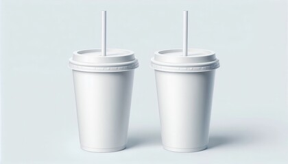 Two white paper cups with lids and straws, isolated on a light blue background...Concept: Beverages, takeaway, mockup