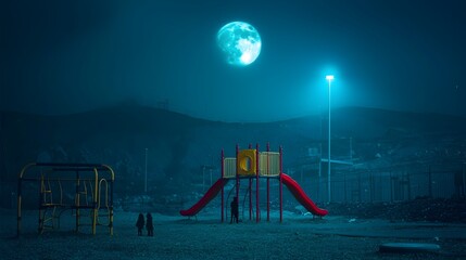 Aufkleber - Eerie silhouettes of ghostly children playing on a haunted playground equipment under the ominous glow of a full moon in the night sky  The serene yet unsettling scene evokes a sense of mystery