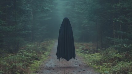 Aufkleber - Ethereal ghostly figure in a long tattered dress hovering above an empty gloomy forest path at dusk creating an eerie supernatural atmosphere with a sense of mystery and the unknown