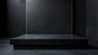 © Mr image - 5. A sleek and modern stage for product display, with a dark stone podium and a smooth black background, creating a minimalist and sophisticated atmosphere for presentations