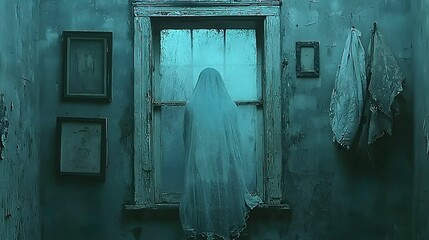 Aufkleber - Faint ghostly face appearing through a cracked weathered window of an old abandoned Victorian house creating an eerie supernatural atmosphere