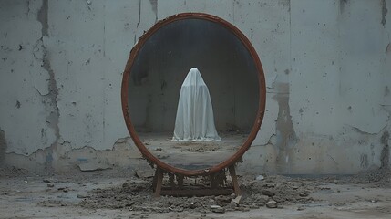 Aufkleber - Ghostly Apparition Reflected in a Mysterious Dark Mirror While the Room Appears Empty to the Viewer Creating an Eerie and Supernatural Atmosphere with a Haunting Presence