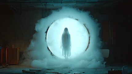 Aufkleber - Ghostly Reflection Appears in the Darkened Mirror Filled Room   A mysterious and unsettling scene where a ghostly figure is reflected in the dark mirror