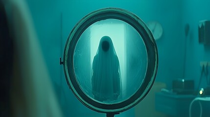 Aufkleber - Ghostly Reflection in Dark Mirror Unseen Presence in Empty Space Mysterious and Eerie Supernatural Apparition Captured in Reflection