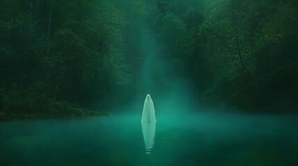 Aufkleber - Ghostly spectral figure of a woman in a wedding dress floating ethereally above the still reflective waters of an enchanted woodland pond with a soft mystical light emanating from below the surface
