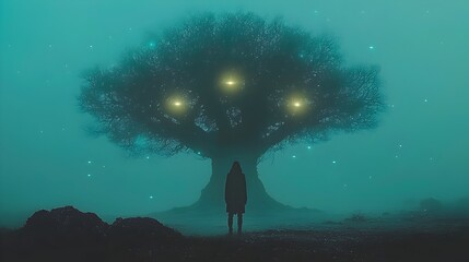 Aufkleber - Ghostly spectral figure stands beneath an ancient gnarled tree surrounded by ethereal glowing lights in a moody atmospheric foggy forest landscape  Haunting supernatural primordial scene