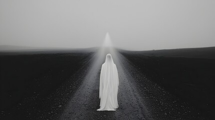 Aufkleber - Ghostly veiled figure of a bride standing alone on a long empty road their ethereal gown and veil billowing in the dense mysterious fog  A haunting surreal scene of isolation and the supernatural
