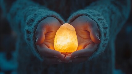 Poster - Hands gently cupping a radiant crystal surrounded by a soft glowing light that emanates a sense of serenity tranquility and holistic healing  This image symbolizes the power of nature