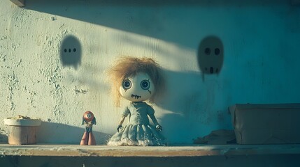Aufkleber - Haunted creepy porcelain doll sitting on a wooden shelf surrounded by dark ominous shadows that form the shape of ghostly sinister faces in a spooky abandoned and supernatural setting