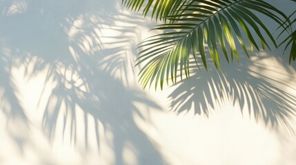 Shadow of palm leaves on a white wall with early morning sunlight, soft light effect